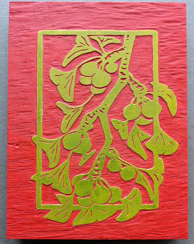 Ginkgo, Woodcut and Acrylic